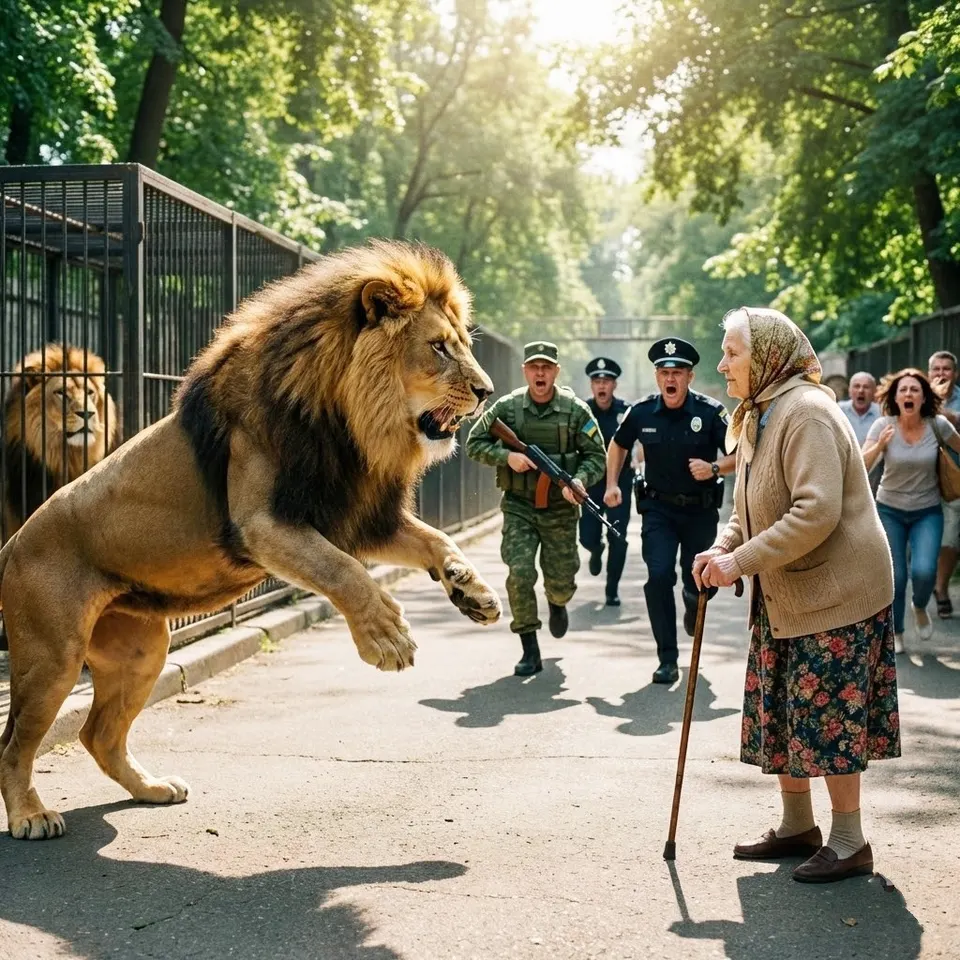A lion escaped from the zoo. Everyone fled, except for one elderly woman