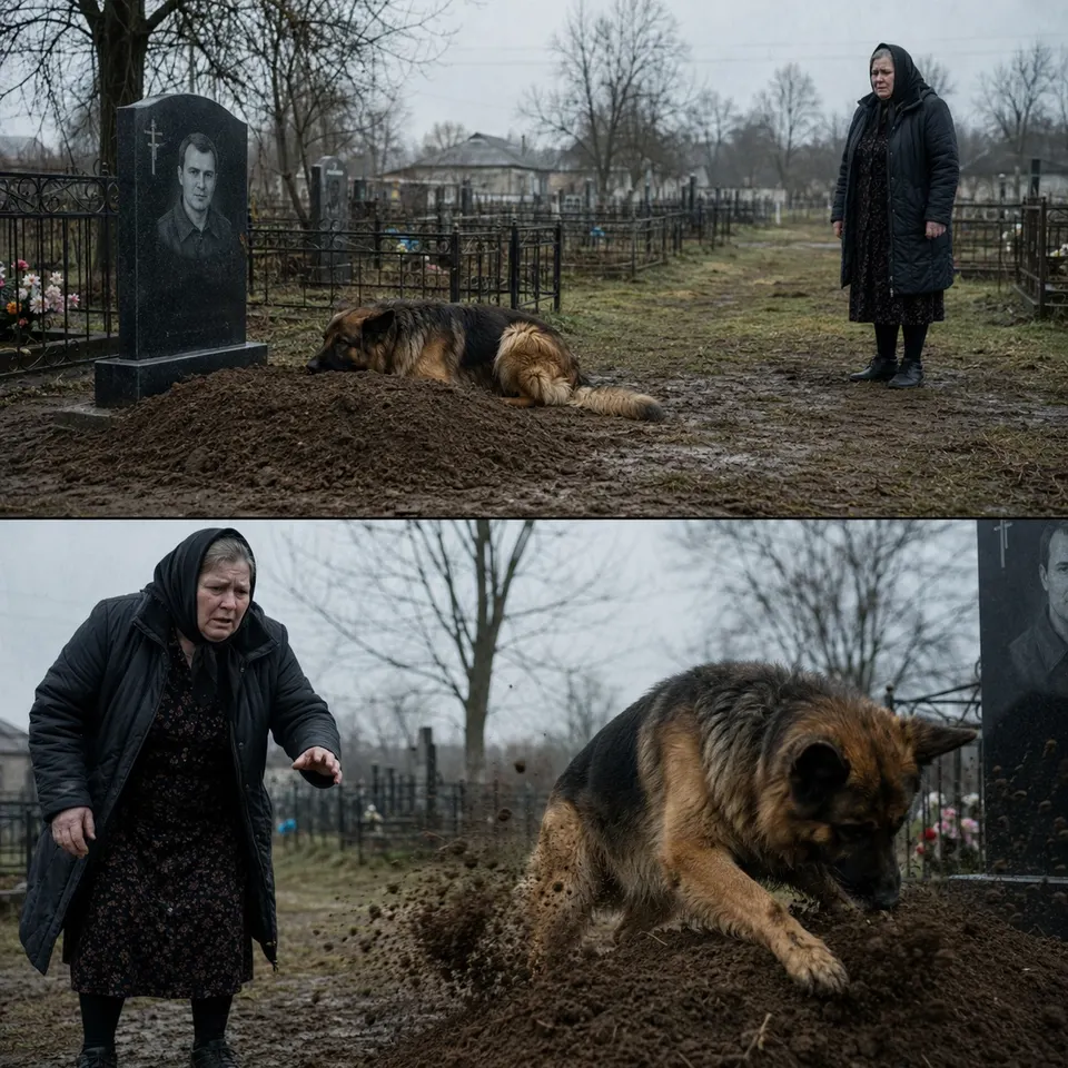 Вдова привыкла видеть овчарку у могилы мужа, пока однажды та не стала яростно рыть землю